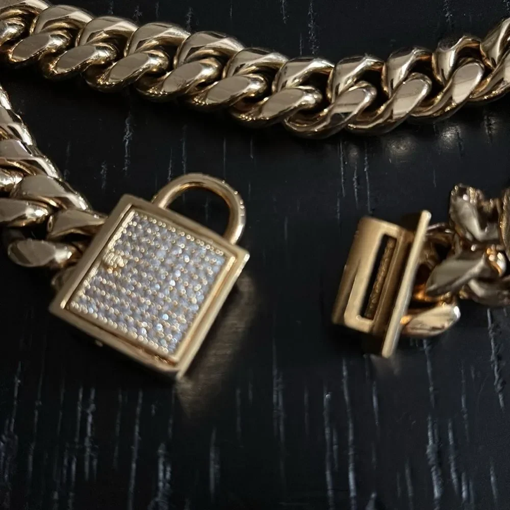 Dog Wide Cuban Link Stainless Pet Chain Gold Tone Collar Necklace Pet Accessory